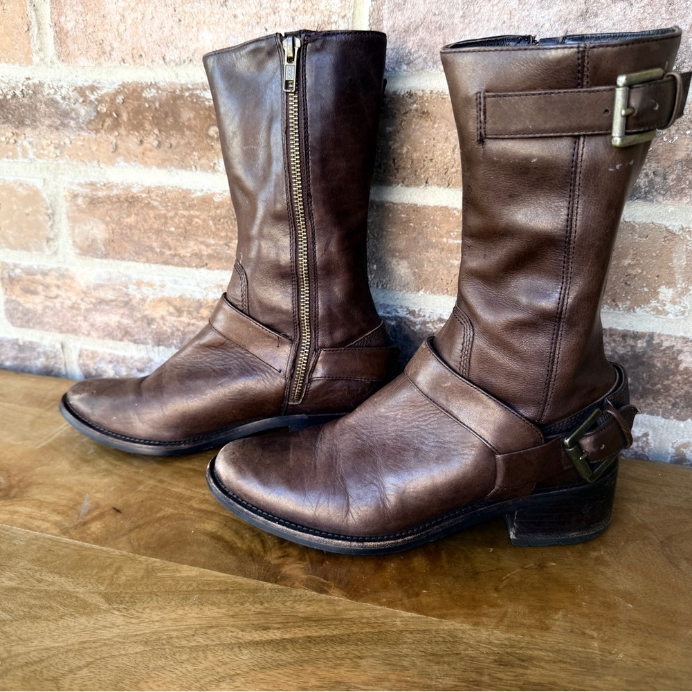 Brown Faux Leather Mid-Calf Zip & Buckle Heeled Boots